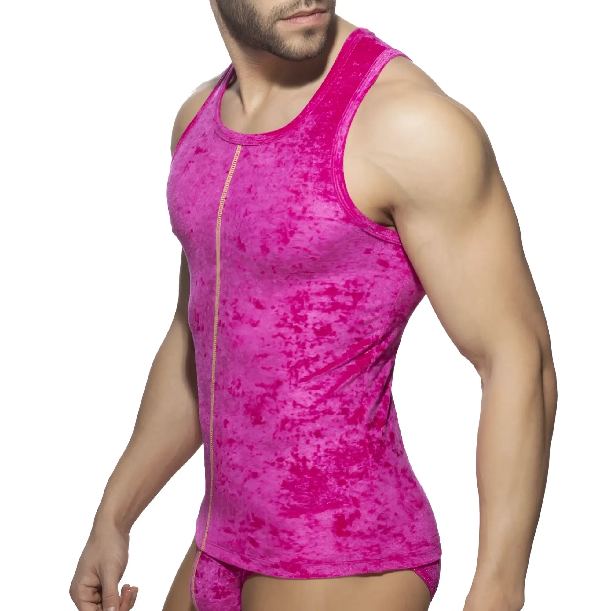 Vibrant pink velvet men’s tank top with central zipper called velvet shady tank top