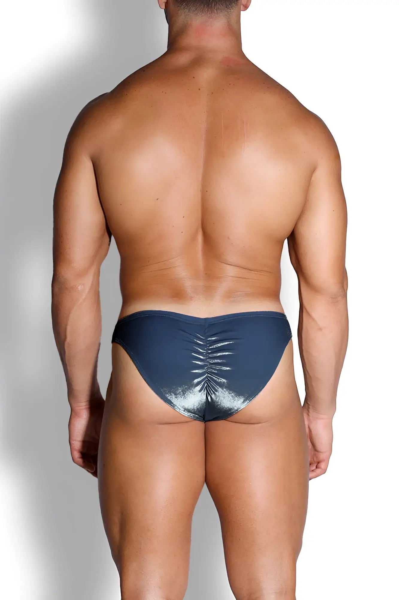 Dark blue metallic velvety scrunch-butt bikini briefs showing the ruched back design