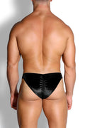 Black velvet velvety scrunch-butt bikini briefs with ruched back design in onyx black shown from the back side