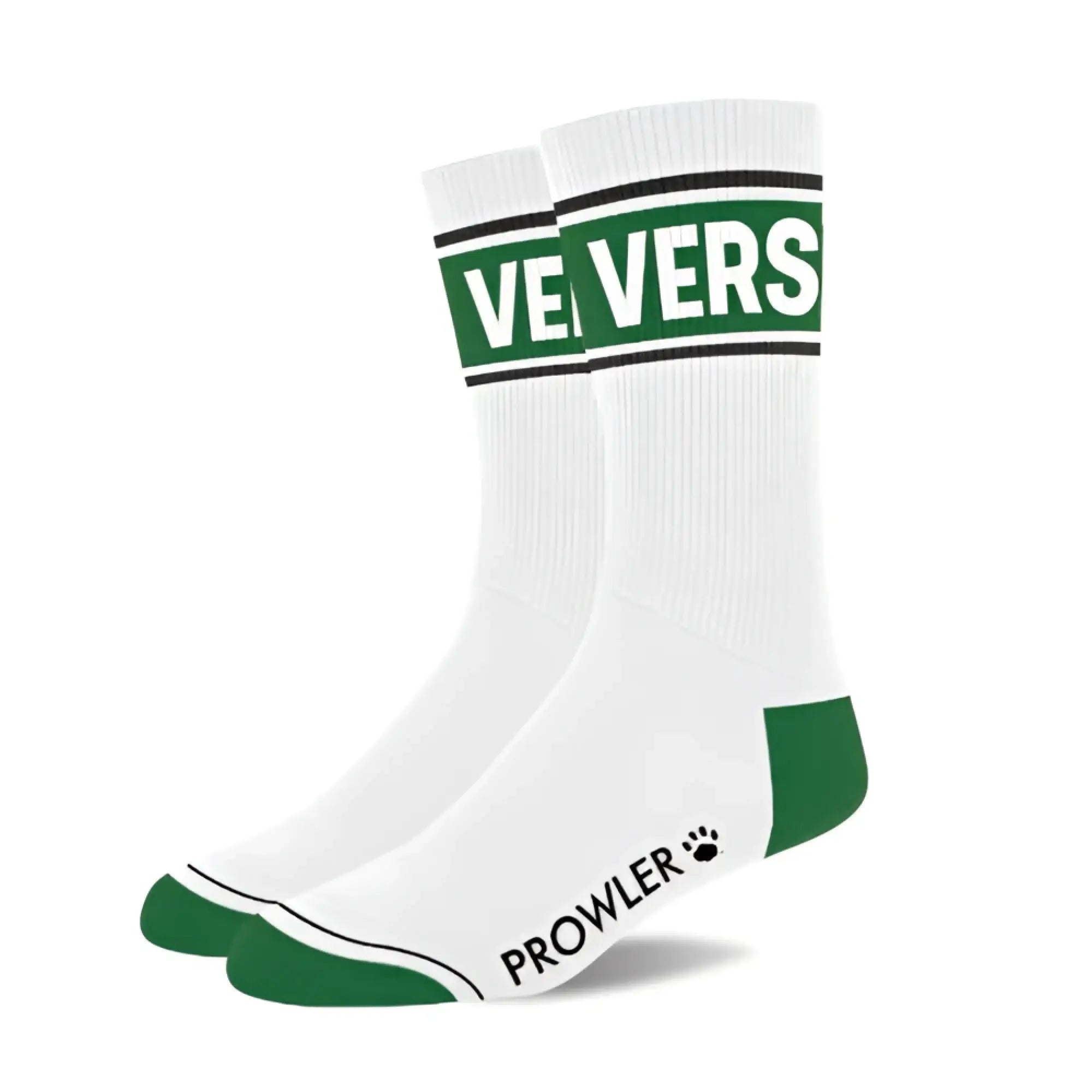 White crew socks with green accents and a bold vers logo on cuff featuring black trim and prowler brand near heel