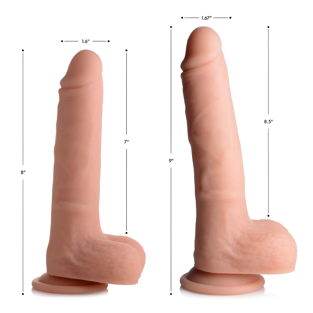 Peach-colored silicone dildo with realistic texture and base for stable placement featuring vibrating and rotating remote control