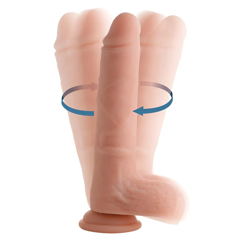 Realistic peach-colored silicone dildo with vibrating and rotating remote control and a stable base with balls