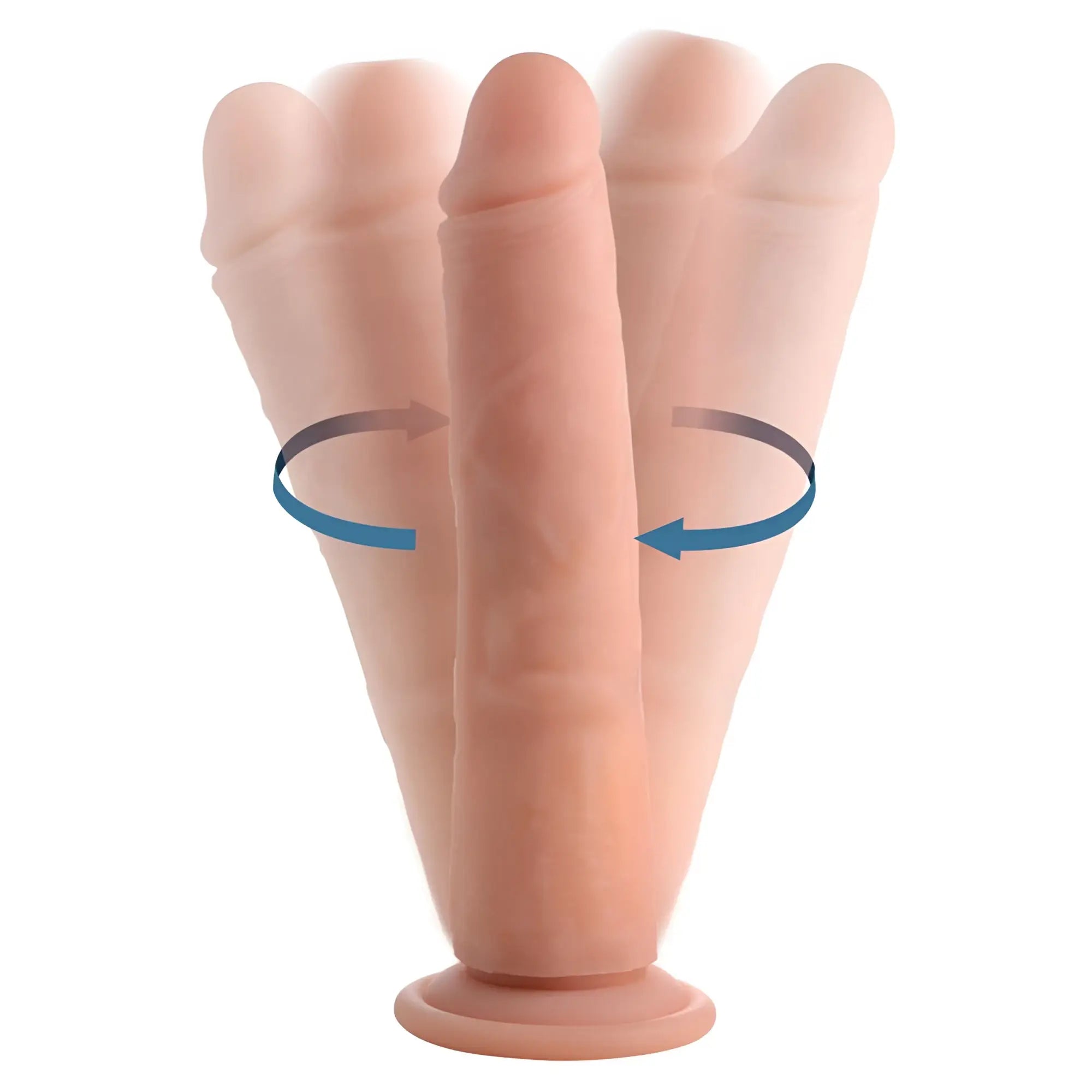 Pink silicone vibrating and rotating dildo with three fingers and remote control base for intimate use