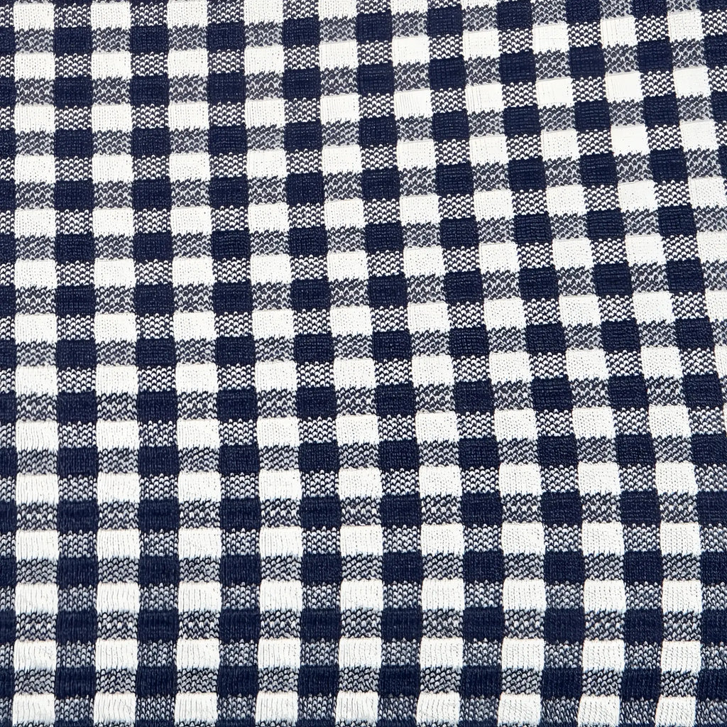 Navy blue and white gingham print vichy swim bikini brief with classic checkered pattern visible on fabric surface