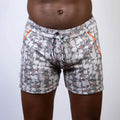 Vintage stripes linen texture shorts in gray with black and orange geometric pattern and adjustable drawstring waistband