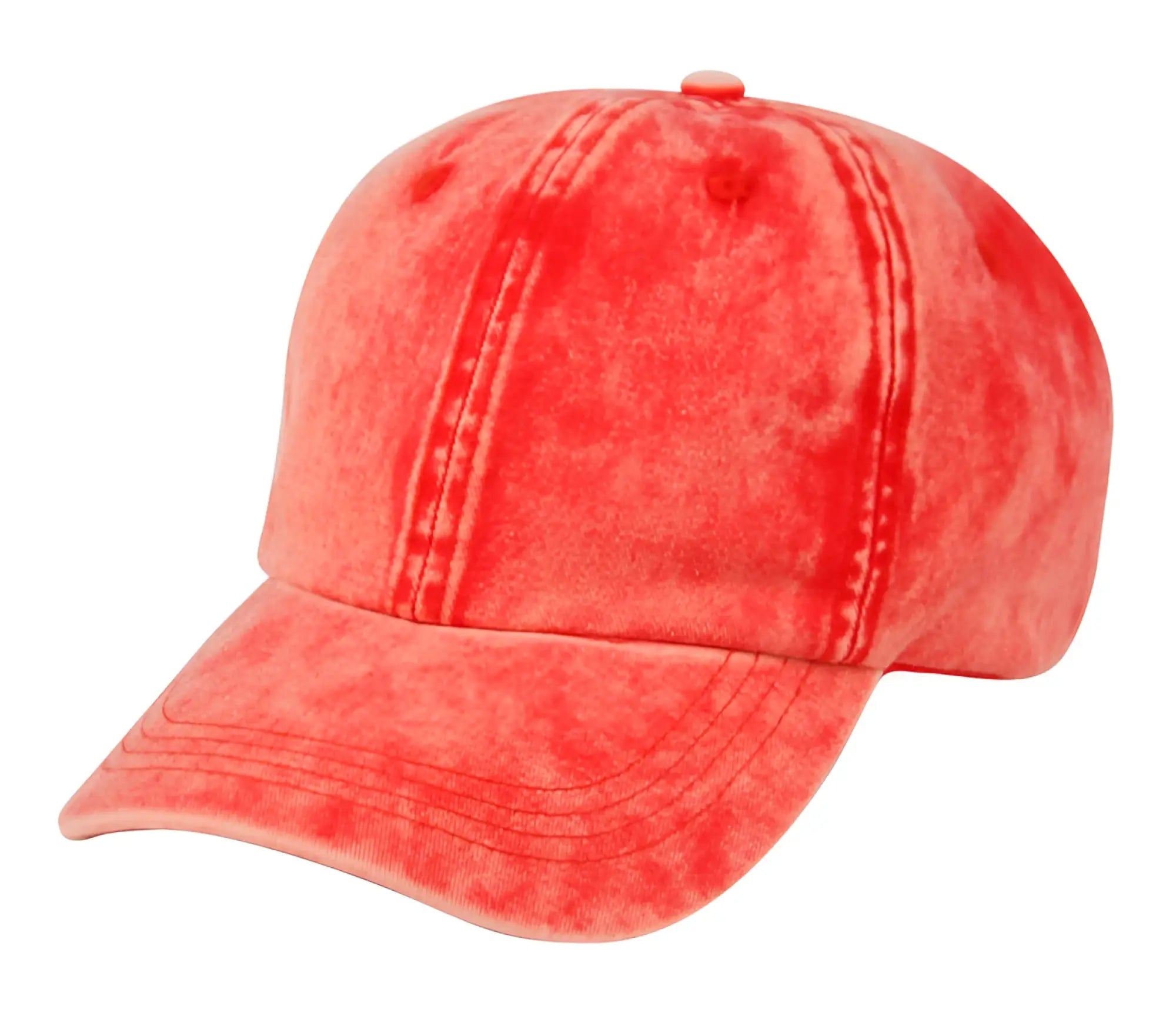 A coral-colored distressed denim baseball cap made of washed cotton with visible stitching and a matching top button