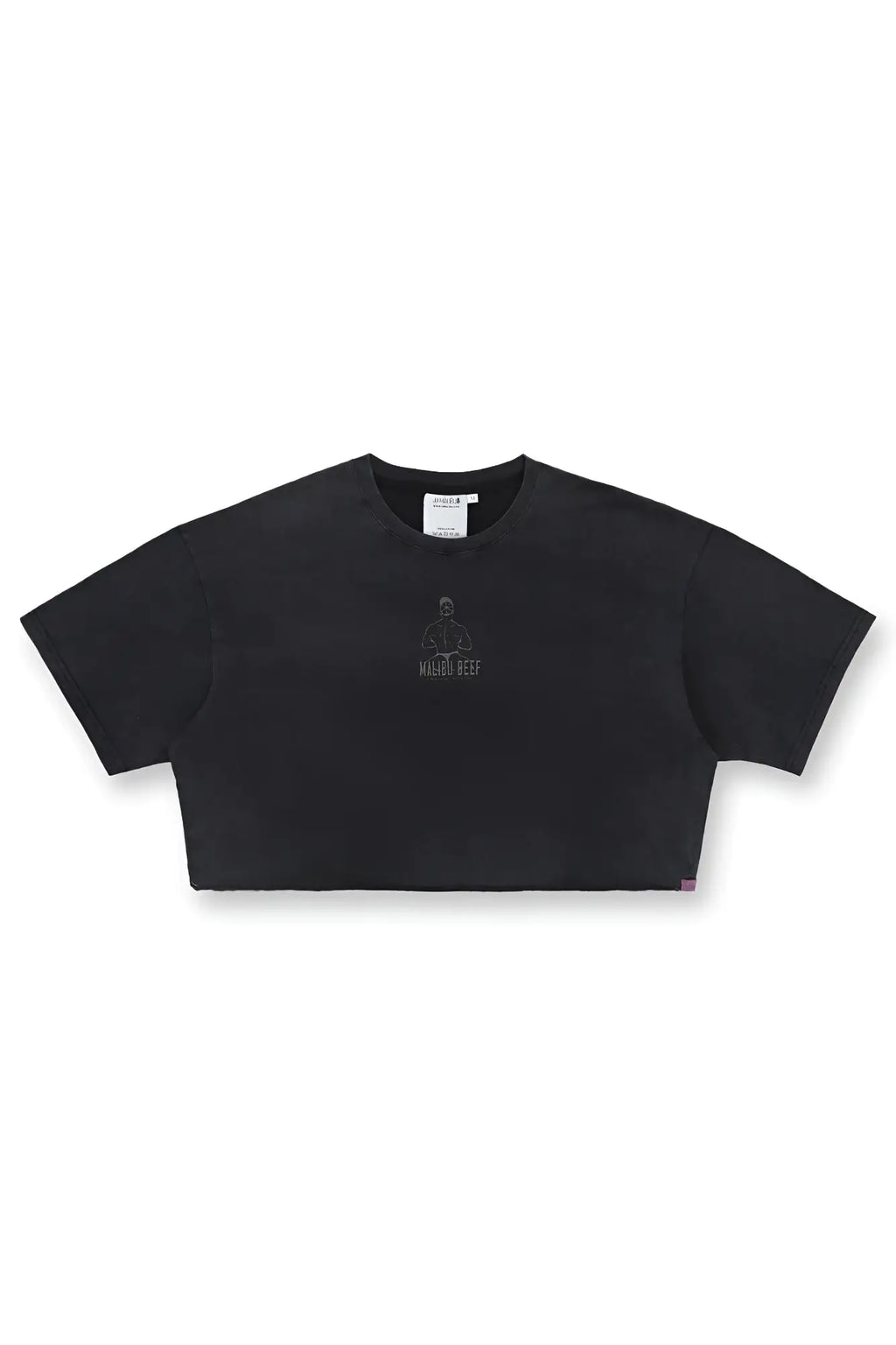 Black vintage-washed drop-shoulder crop tee with subtle embroidered graphic on chest in beefcake fabric
