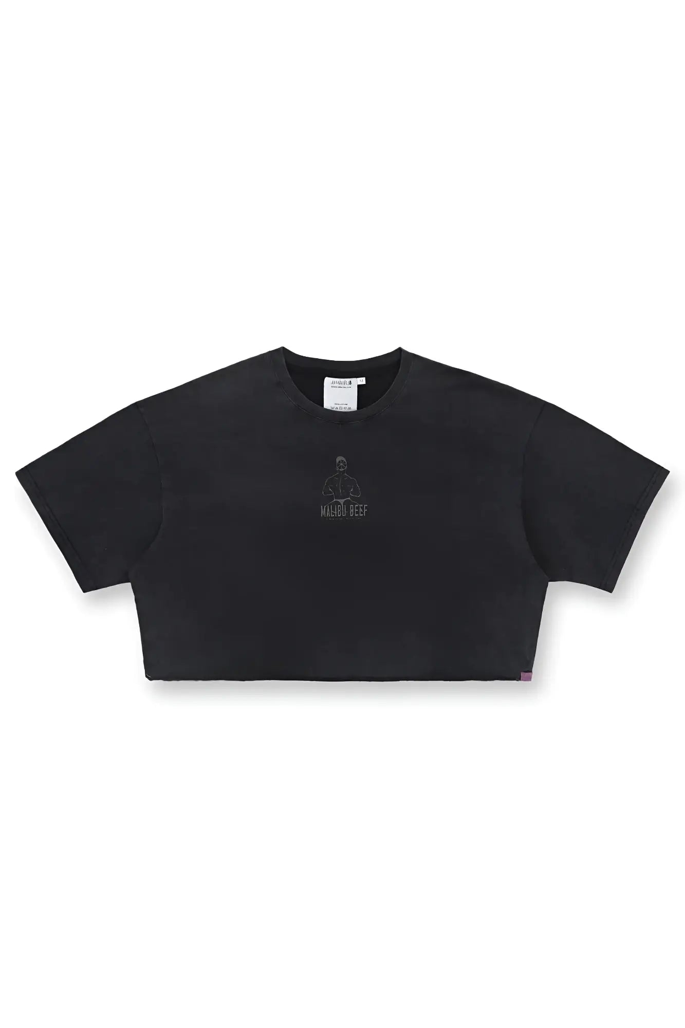 Black vintage-washed drop-shoulder crop tee with subtle embroidered graphic on chest in beefcake fabric