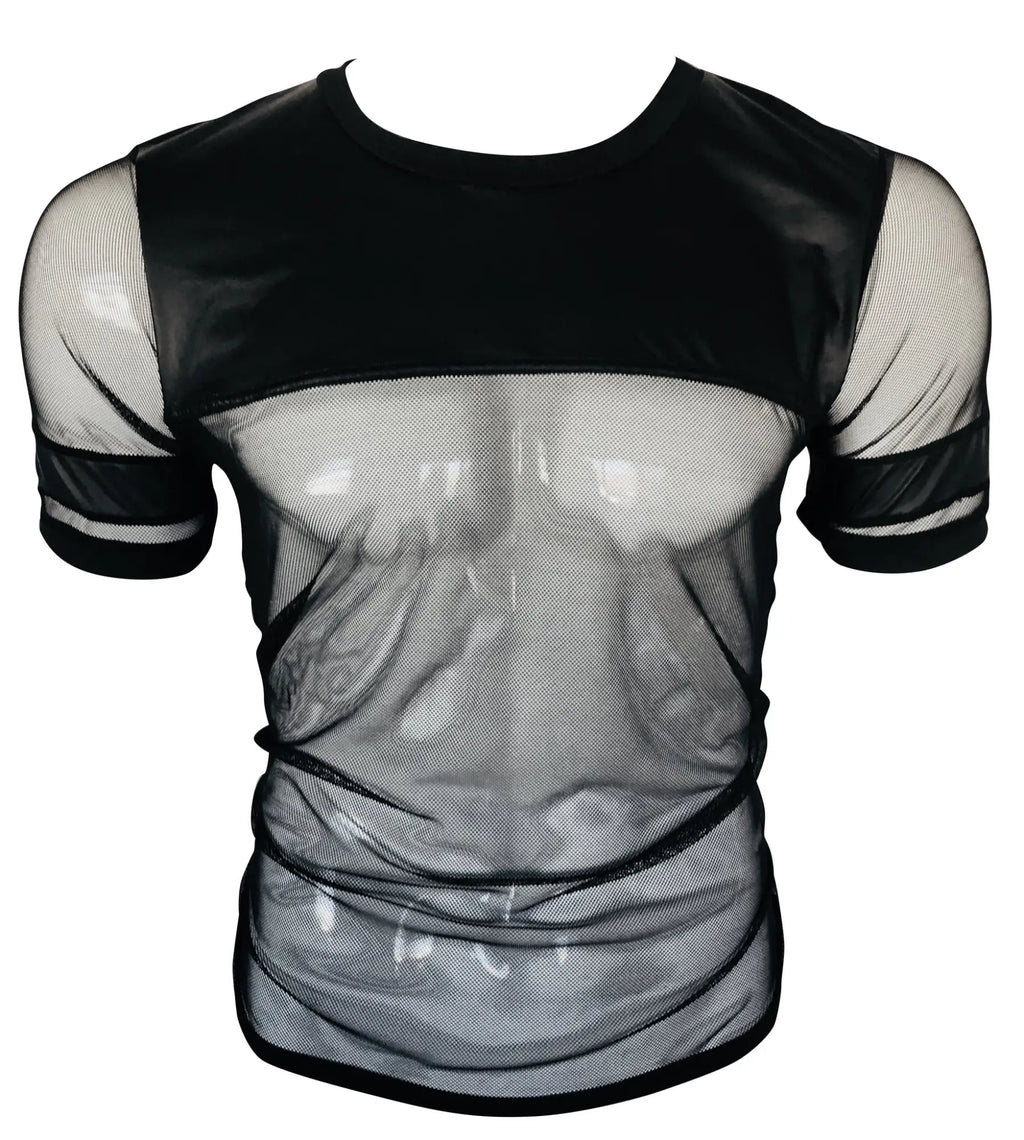 Black vinyl and mesh tee with short sleeves sheer panels and solid black trim perfect for stylish casual wear