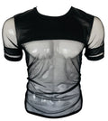 Black vinyl and mesh tee with short sleeves sheer panels and solid black trim perfect for stylish casual wear