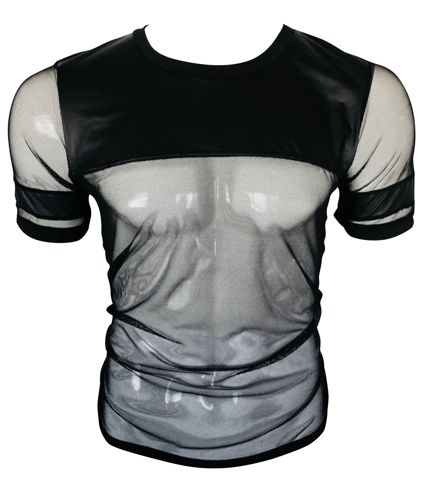 Black vinyl and mesh tee with short sleeves sheer panels and solid black trim perfect for stylish casual wear