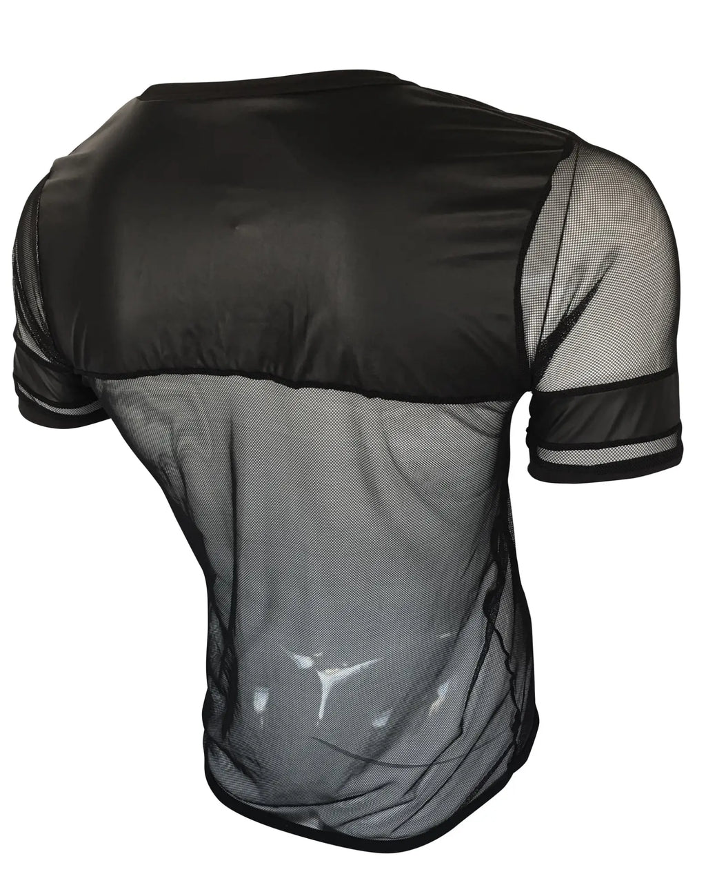 Black vinyl and mesh tee showing back side with short sleeves and solid black panel across shoulders and upper back
