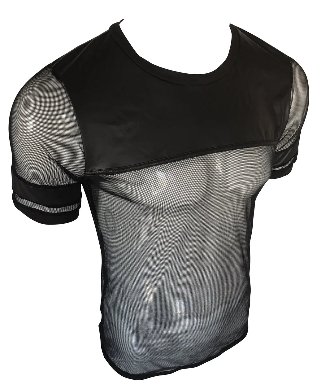 Black mesh short-sleeved vinyl and mesh tee with solid black panel across chest and shoulders