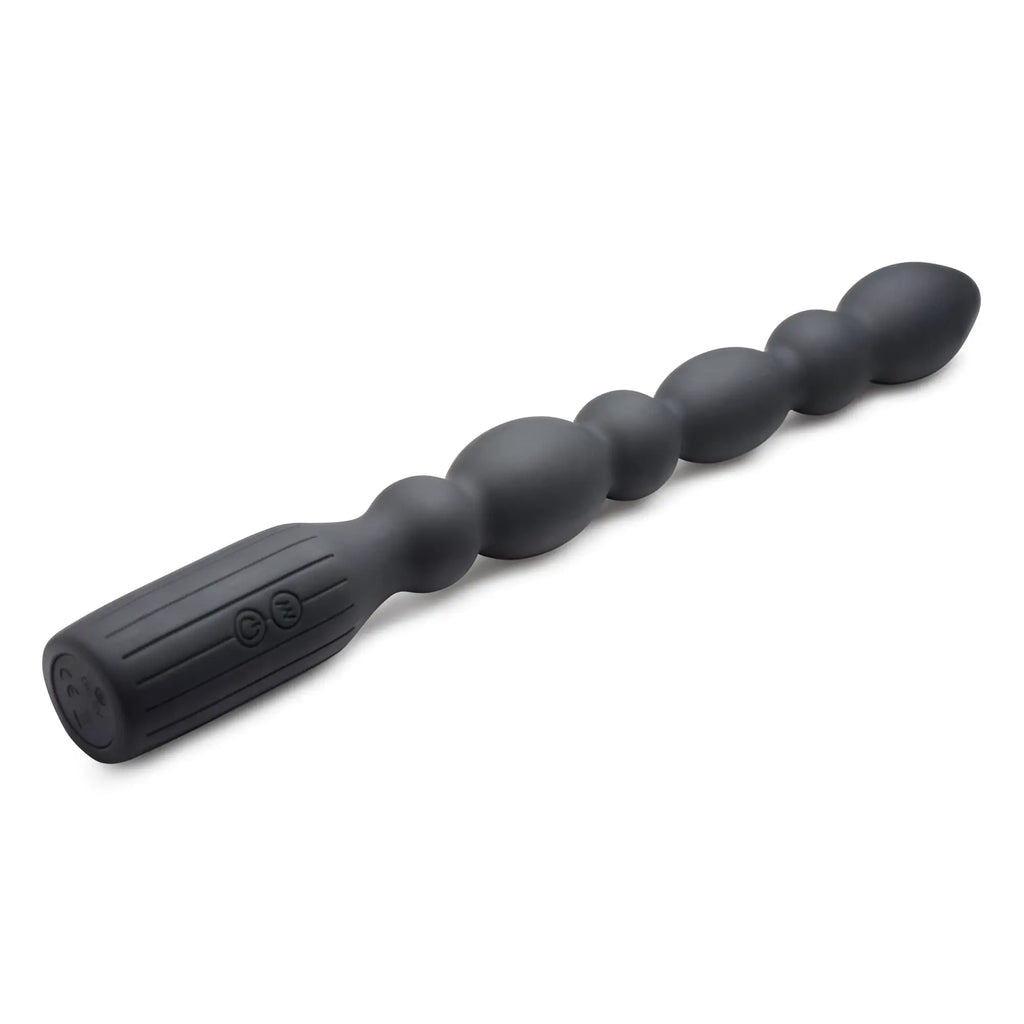 Black silicone anal plug with textured grip handle and smooth rounded beads from viper beads dual motor vibrator
