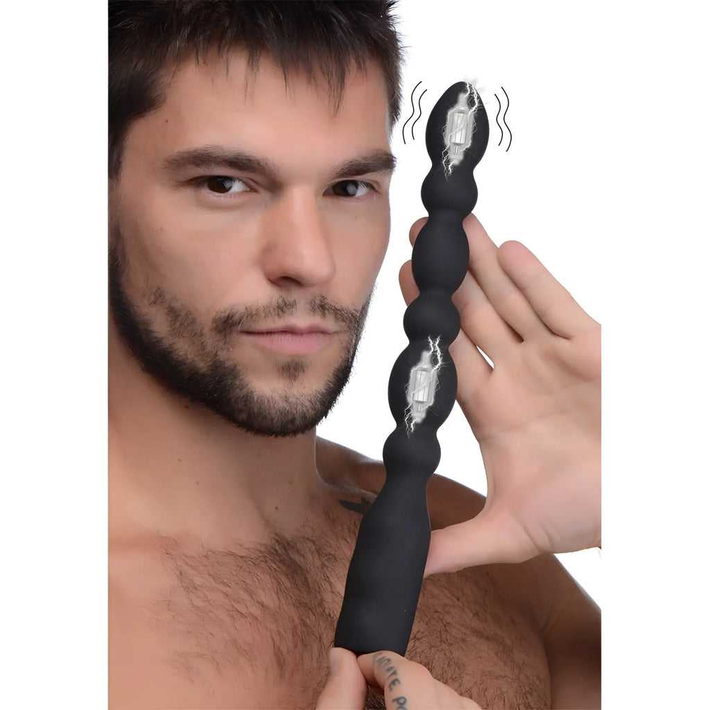 Black silicone vibrating anal beads with segmented design and silver battery icon graphics viper beads premium dual motor