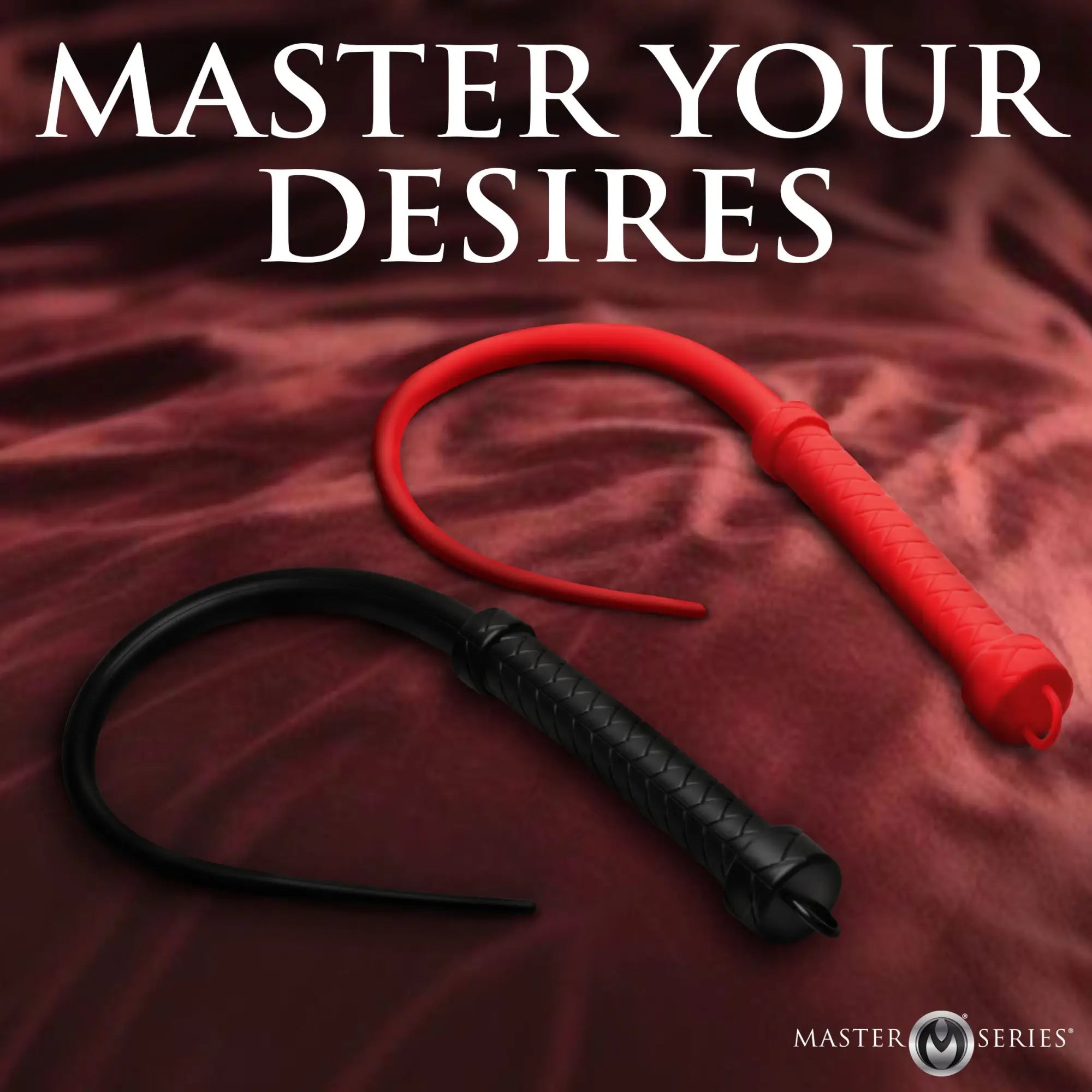 Red and black leather flogger sets with textured braided handles from viper tail silicone whip collection
