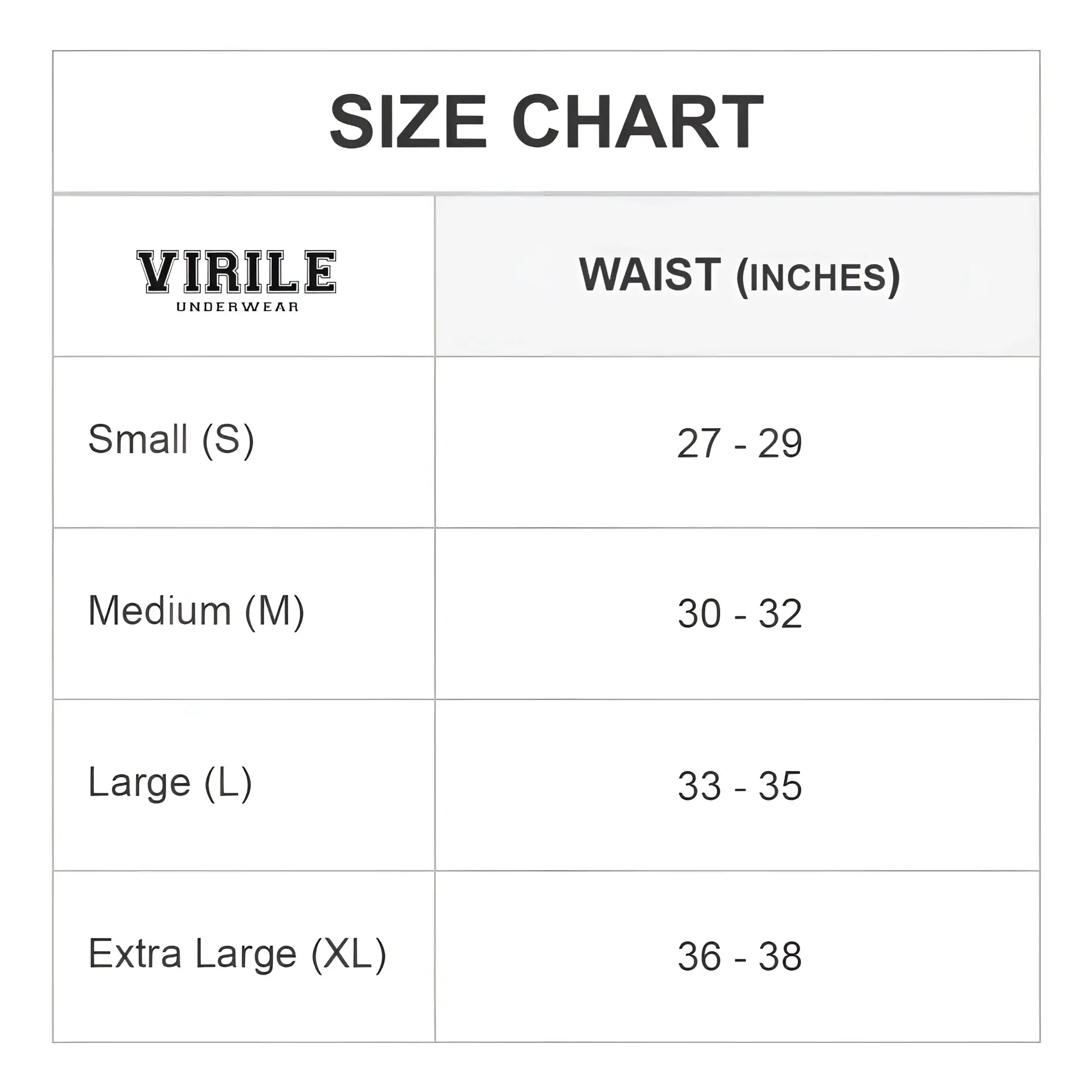 Virile VLG001 boxer trunk size chart showing waist measurements for small medium large and extra large sizes