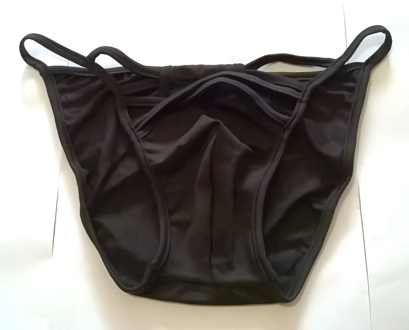 Black smooth-textured fabric briefs with thin elastic straps from vizeau strapwork bikini swimwear size s