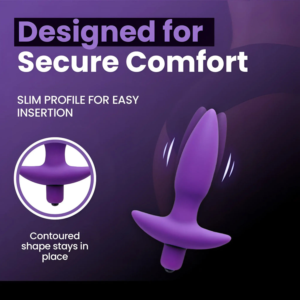 Vogue Aria vibrating purple silicone butt plug with a slim, contoured design for comfortable, secure insertion.