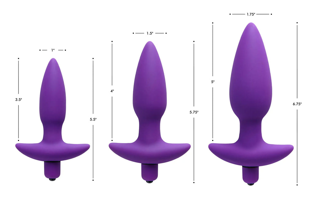 Vogue Aria vibrating purple silicone butt plugs in three sizes, displayed with height and width measurements.