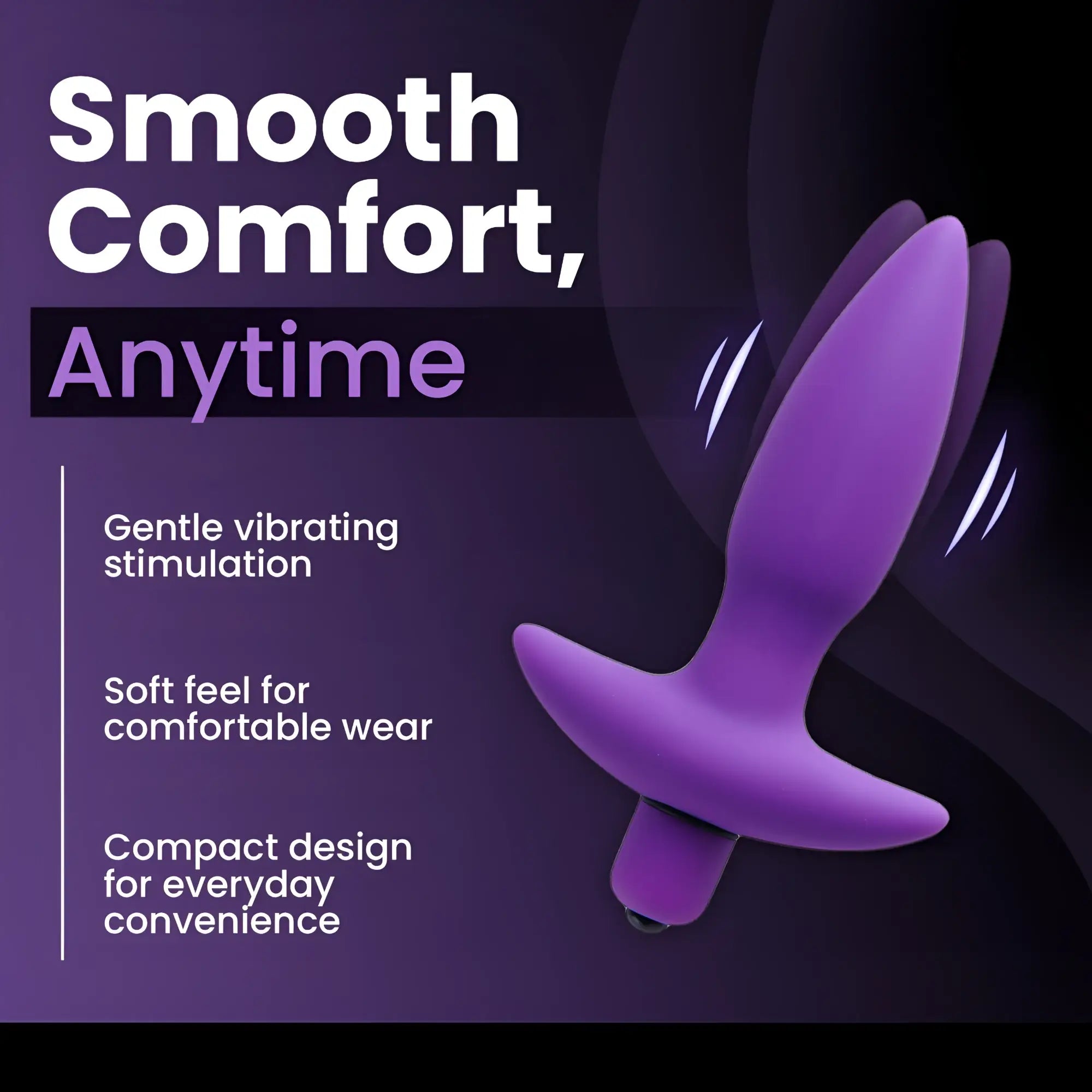 Vogue Aria purple vibrating silicone butt plug against a dark background with promotional text.