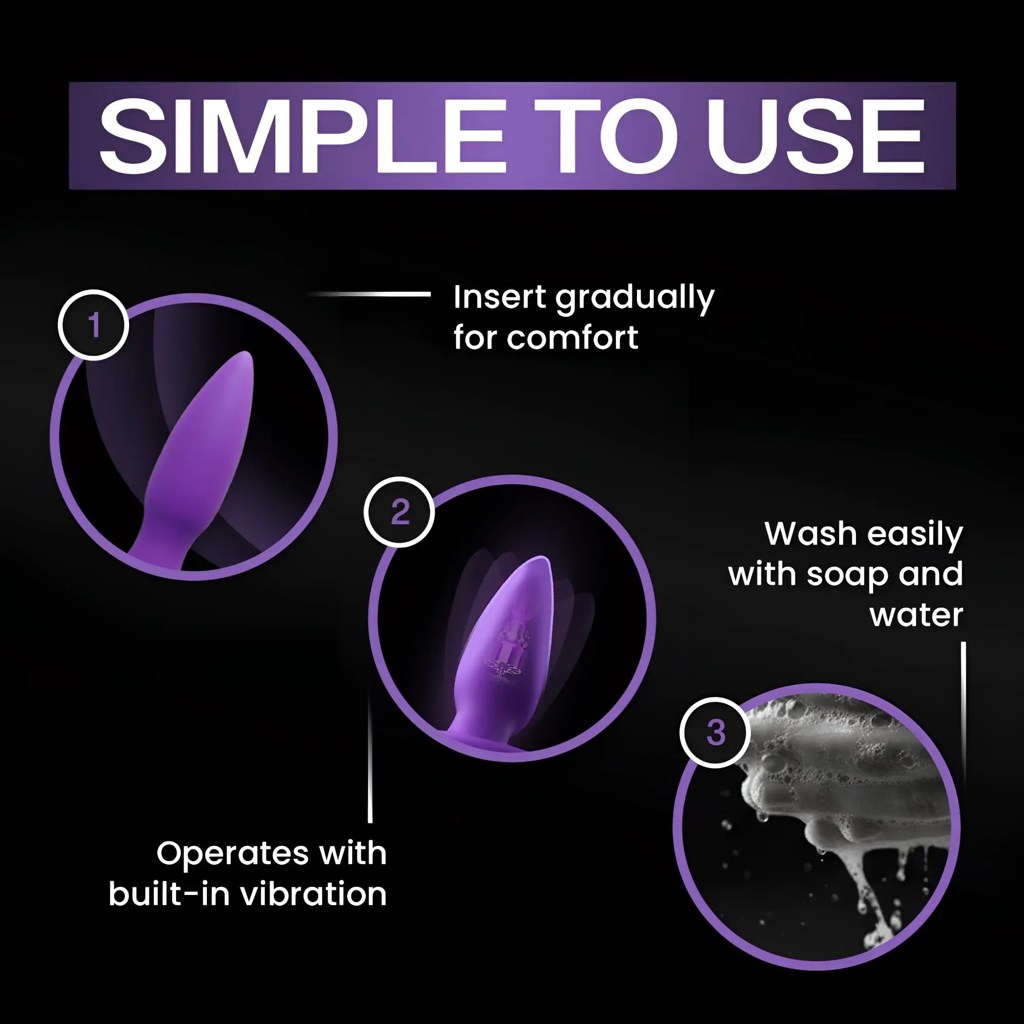 Vogue Aria vibrating purple silicone butt plug instructions: shows insertion, vibration, and cleaning steps.