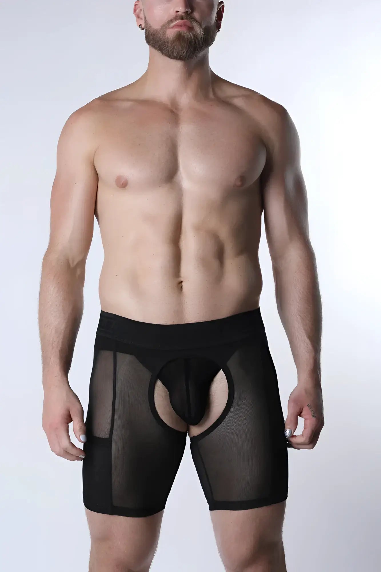 Void chap short black sheer mesh briefs with solid waistband and reinforced side panels