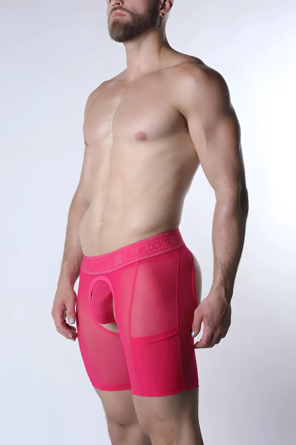 Bright pink sheer mesh boxer briefs with solid waistband void chap short front view