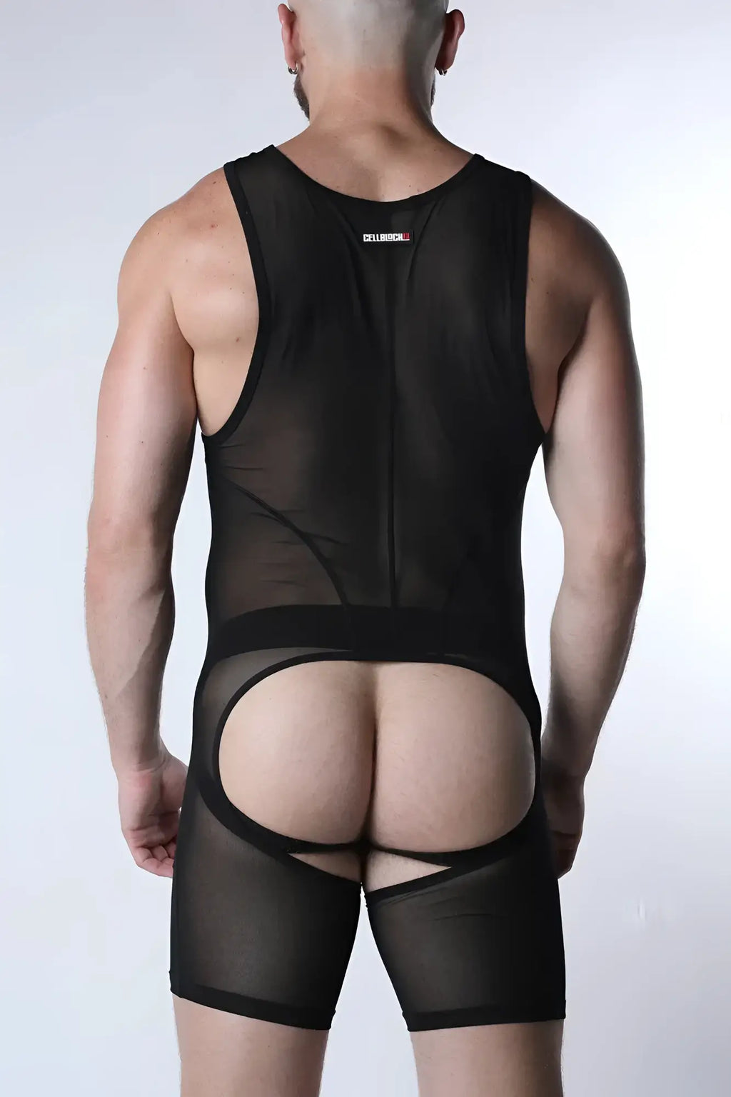 Back view of void mesh body suit black sheer mesh bodysuit with bold rear cutout and reinforced elastic waistband
