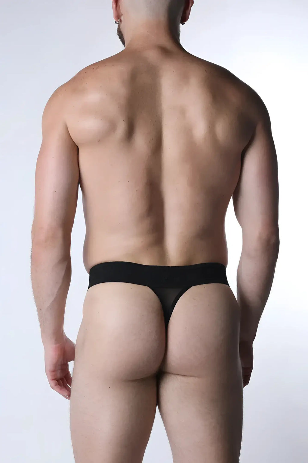 Black sheer mesh thong with solid waistband from Void Mesh Thong collection shown from back side