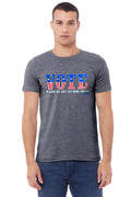 Gray heathered cotton t-shirt with bold blue and red vote graphic and phrase for day drinking use