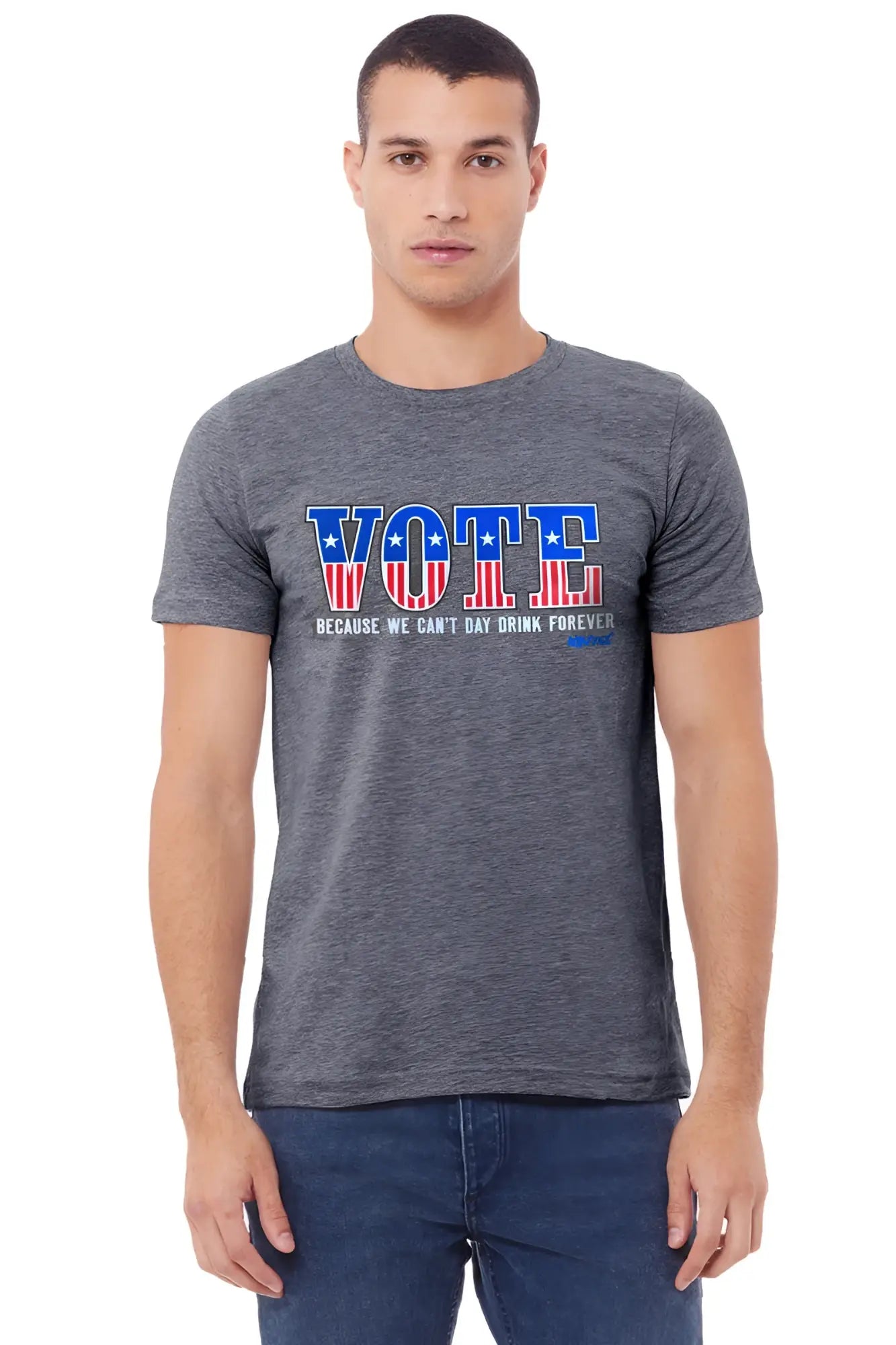 Gray heathered cotton t-shirt with bold blue and red vote graphic and phrase for day drinking use