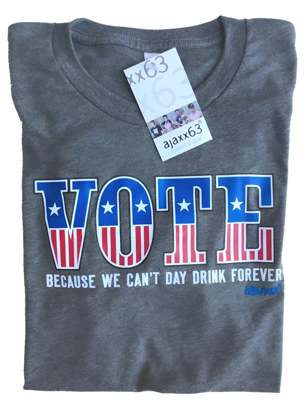 Gray heathered cotton t-shirt with bold vote graphic in blue red and white american flag design for day drinking