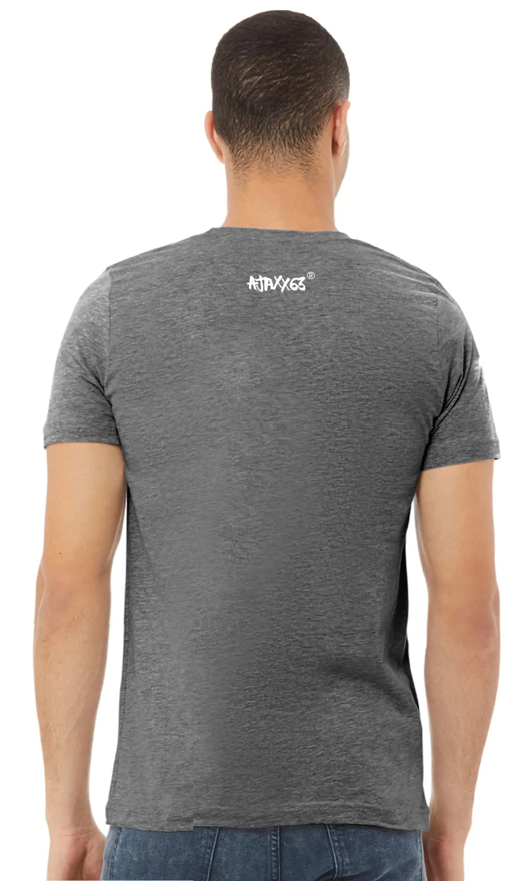 Gray heathered unisex cotton vote day drinking t-shirt showing the back with a white atrivygs logo printed on upper back