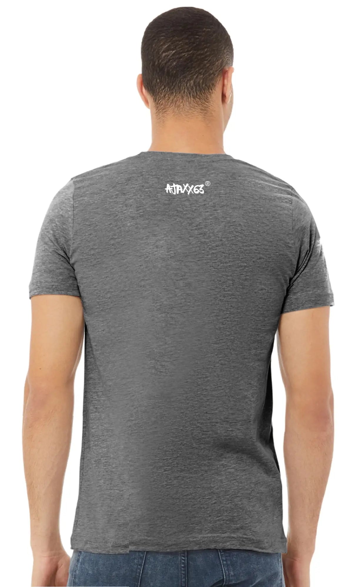 Gray heathered unisex cotton vote day drinking t-shirt showing the back with a white atrivygs logo printed on upper back