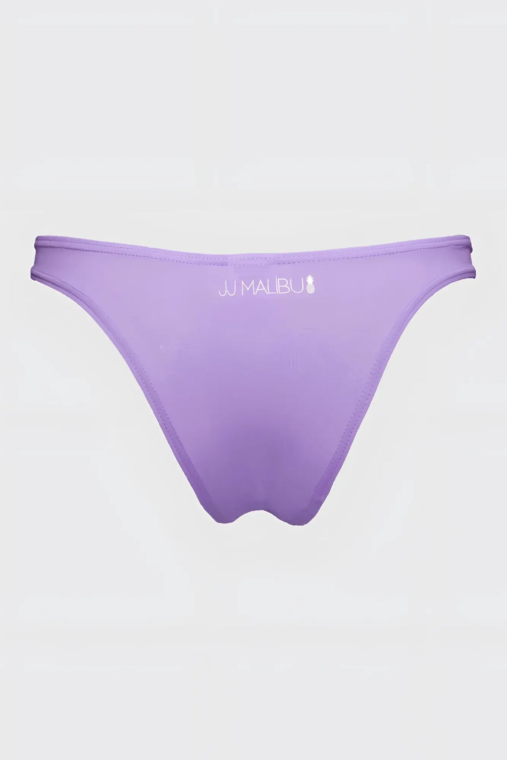 Purple low-cut swim bikini briefs for men with minimalist design and white jj malibu logo on waistband