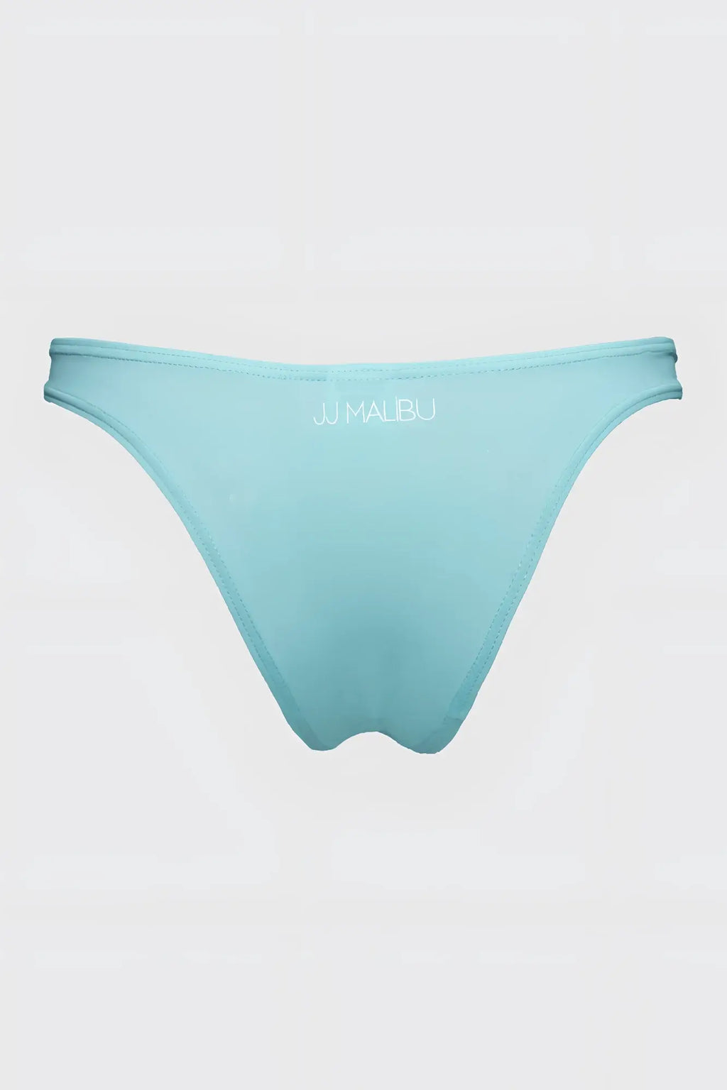 A light blue minimalist thong bikini bottom with jj malibu logo embroidered on the waistband for men