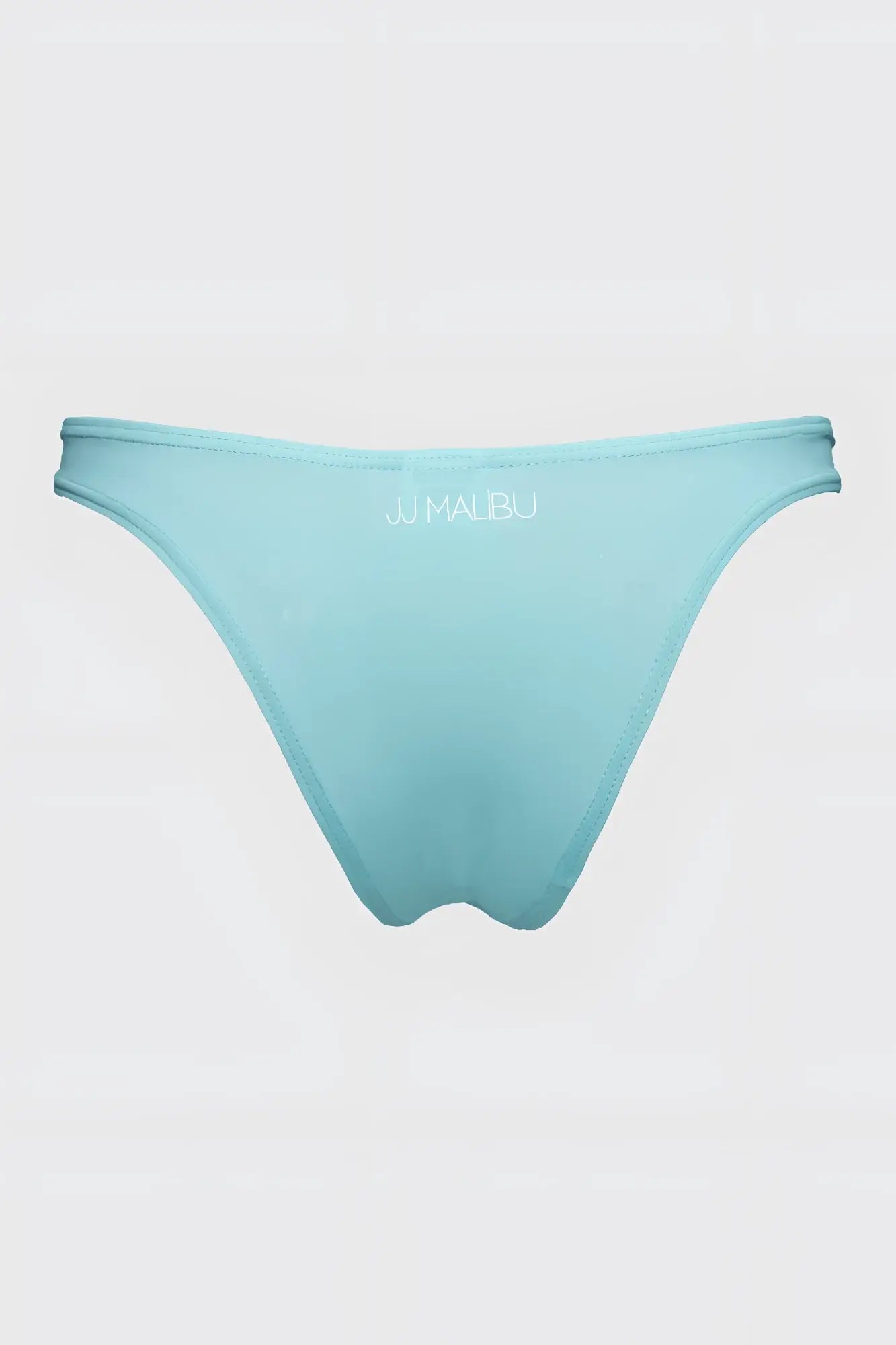 A light blue minimalist thong bikini bottom with jj malibu logo embroidered on the waistband for men