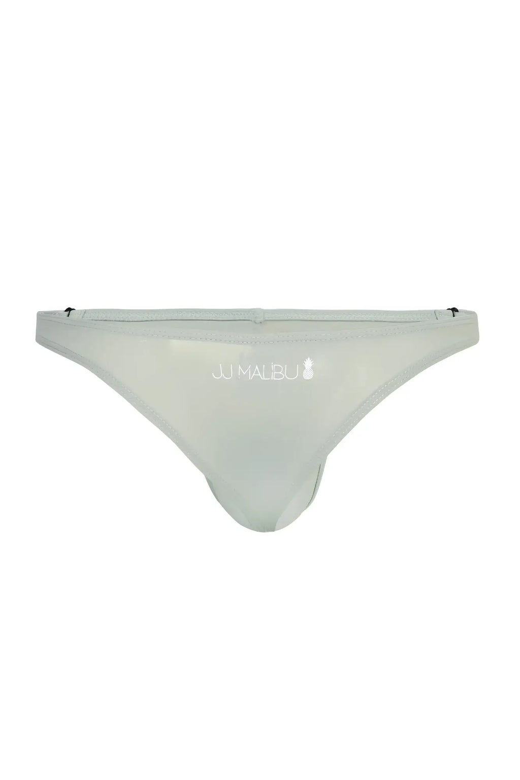 Translucent pale grey ju malbu thong bikini bottom with subtle logo and zipper details for men