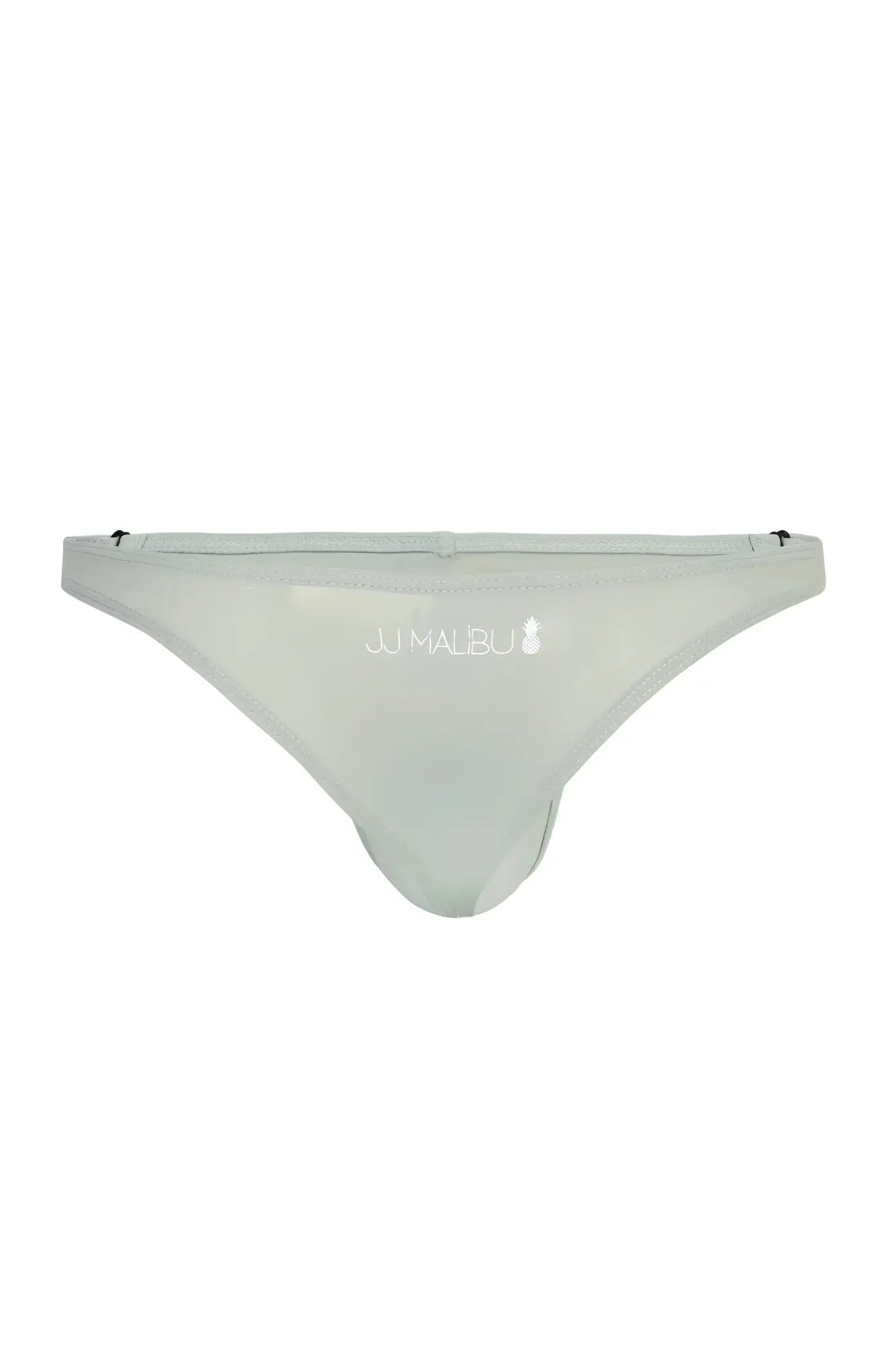 Translucent pale grey ju malbu thong bikini bottom with subtle logo and zipper details for men
