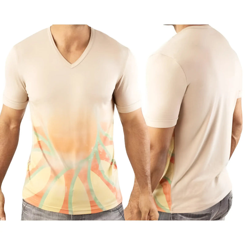 Beige v-neck short sleeve t-shirt by vuthy 252 with vibrant abstract sunburst print in orange and green hues