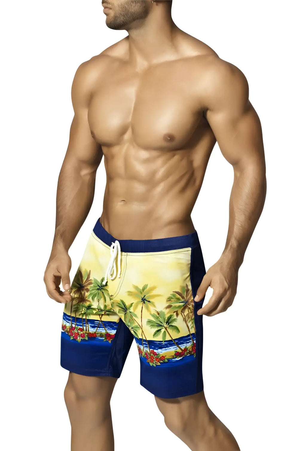 Vuthy palm tree boardshorts men’s tropical beachwear with vibrant yellow blue palm flower pattern navy panels size m