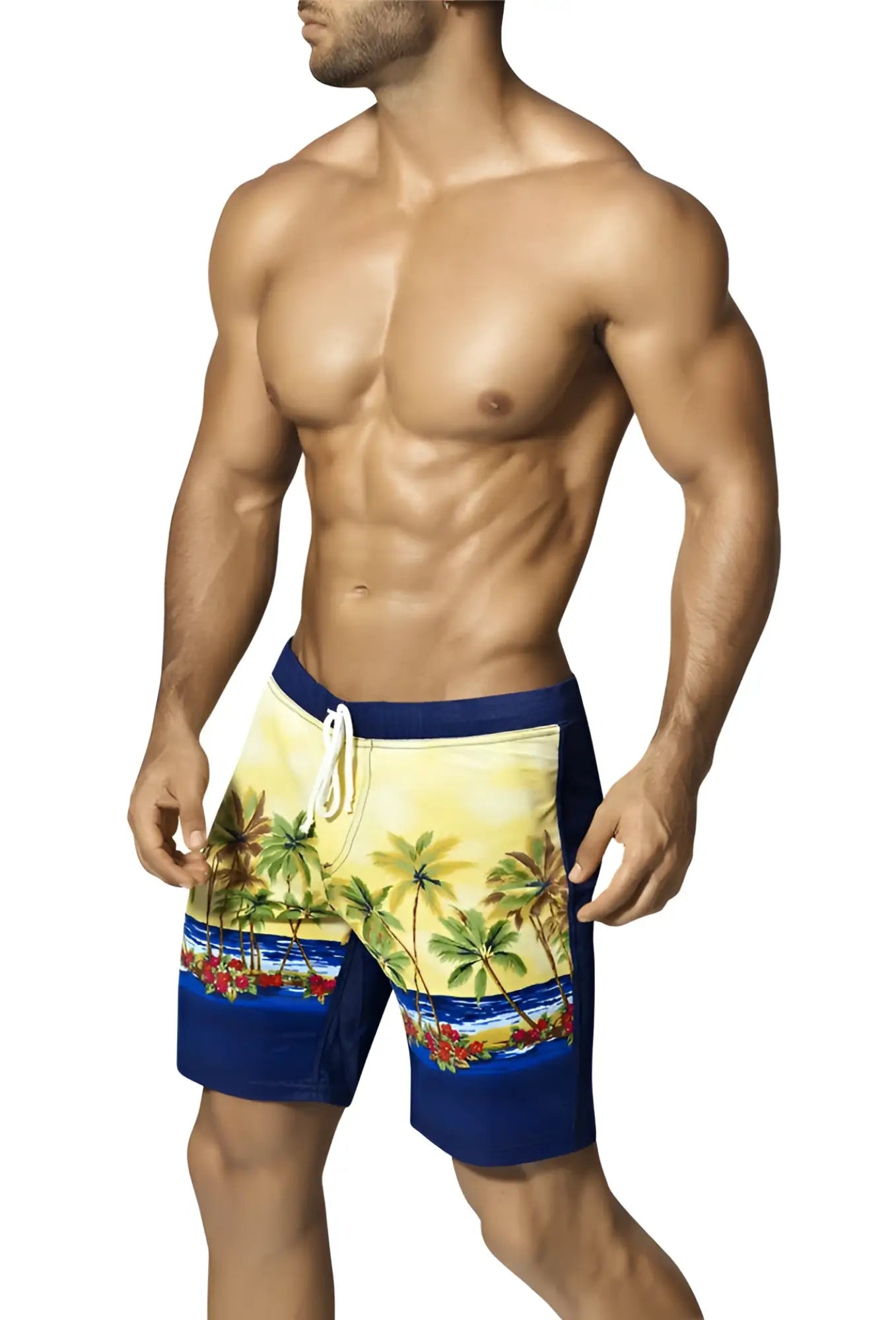 Vuthy palm tree boardshorts men’s tropical beachwear with vibrant yellow blue palm flower pattern navy panels size m
