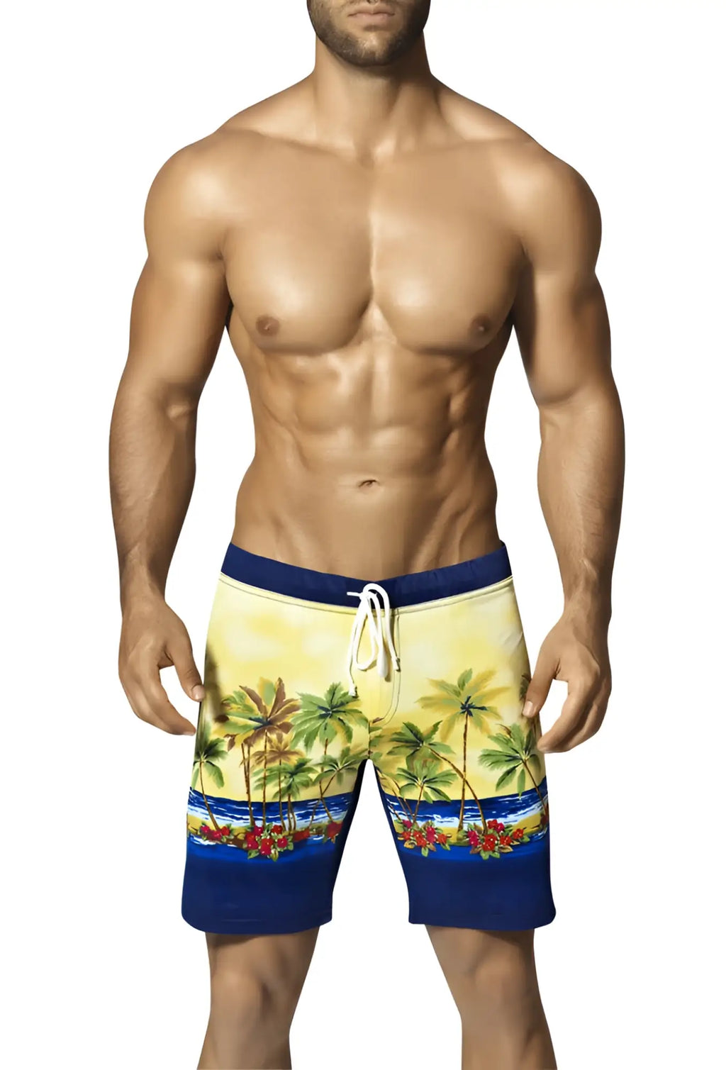 Vuthy palm tree boardshorts in blue and yellow with vibrant tropical print and palm tree floral side accents size M