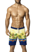 Vuthy palm tree boardshorts in blue and yellow with vibrant tropical print and palm tree floral side accents size M