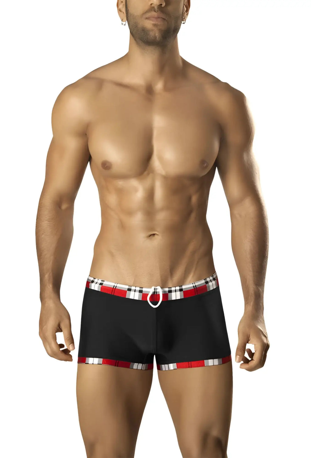 Black Vuthy swim trunks with red and white plaid waistband and leg trim plus white circular belt loop size XL