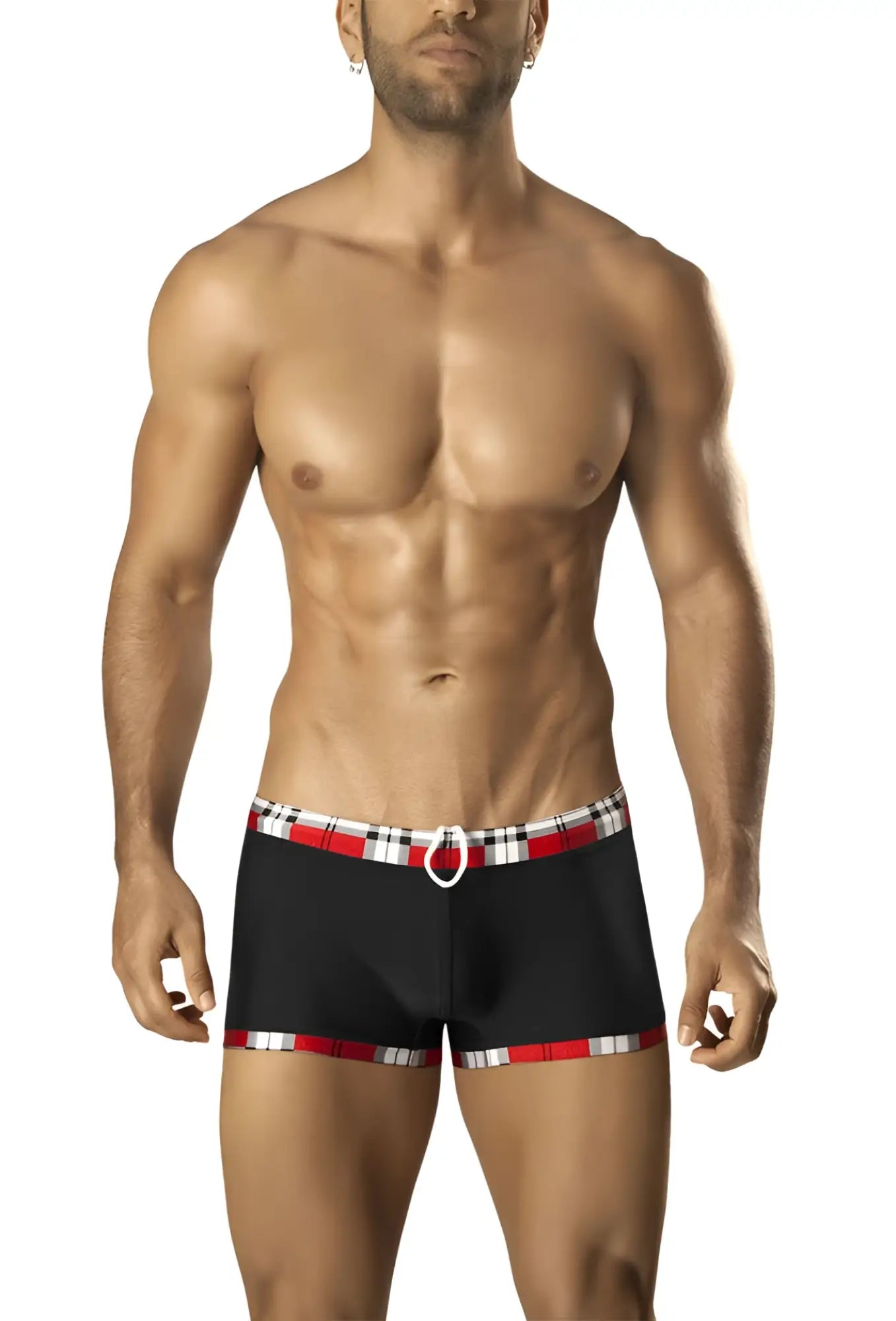 Black Vuthy swim trunks with red and white plaid waistband and leg trim plus white circular belt loop size XL