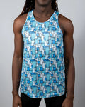 A men’s tank top with a vibrant blue geometric wallpaper print on a white background for casual wear