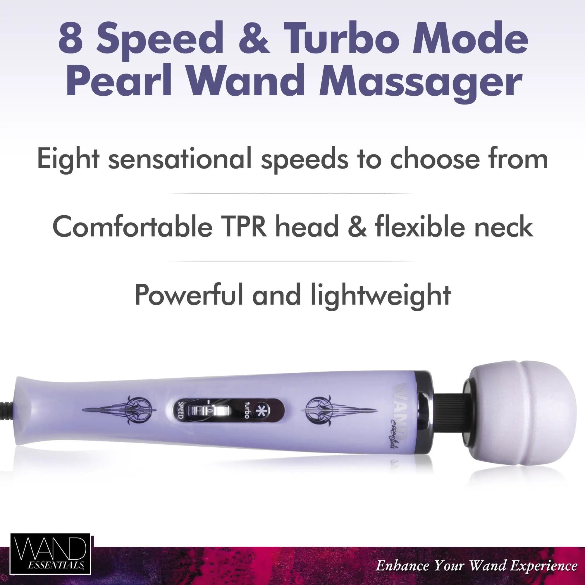 Wand Essentials 8-Speed Turbo Pearl Wand Massager in lavender with a white head, flexible neck, and control interface.