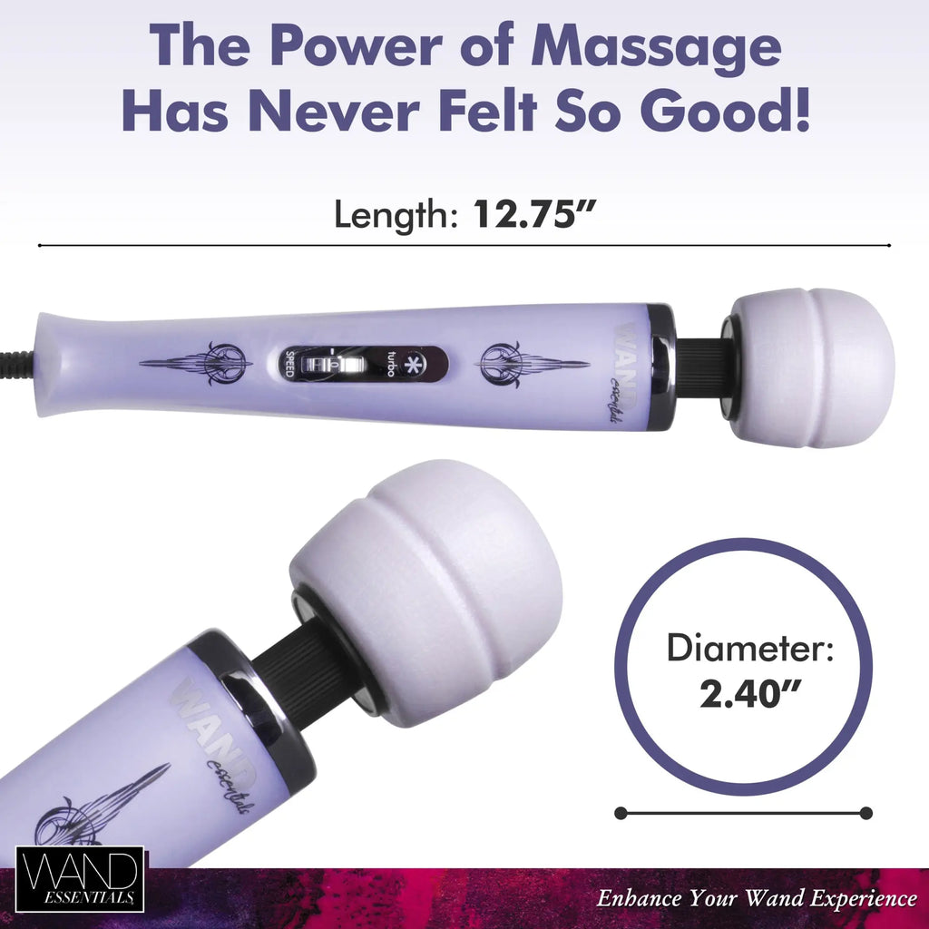 Wand Essentials 8-Speed Turbo Pearl Wand Massager in lavender with a round head, cord, and button speed controls.